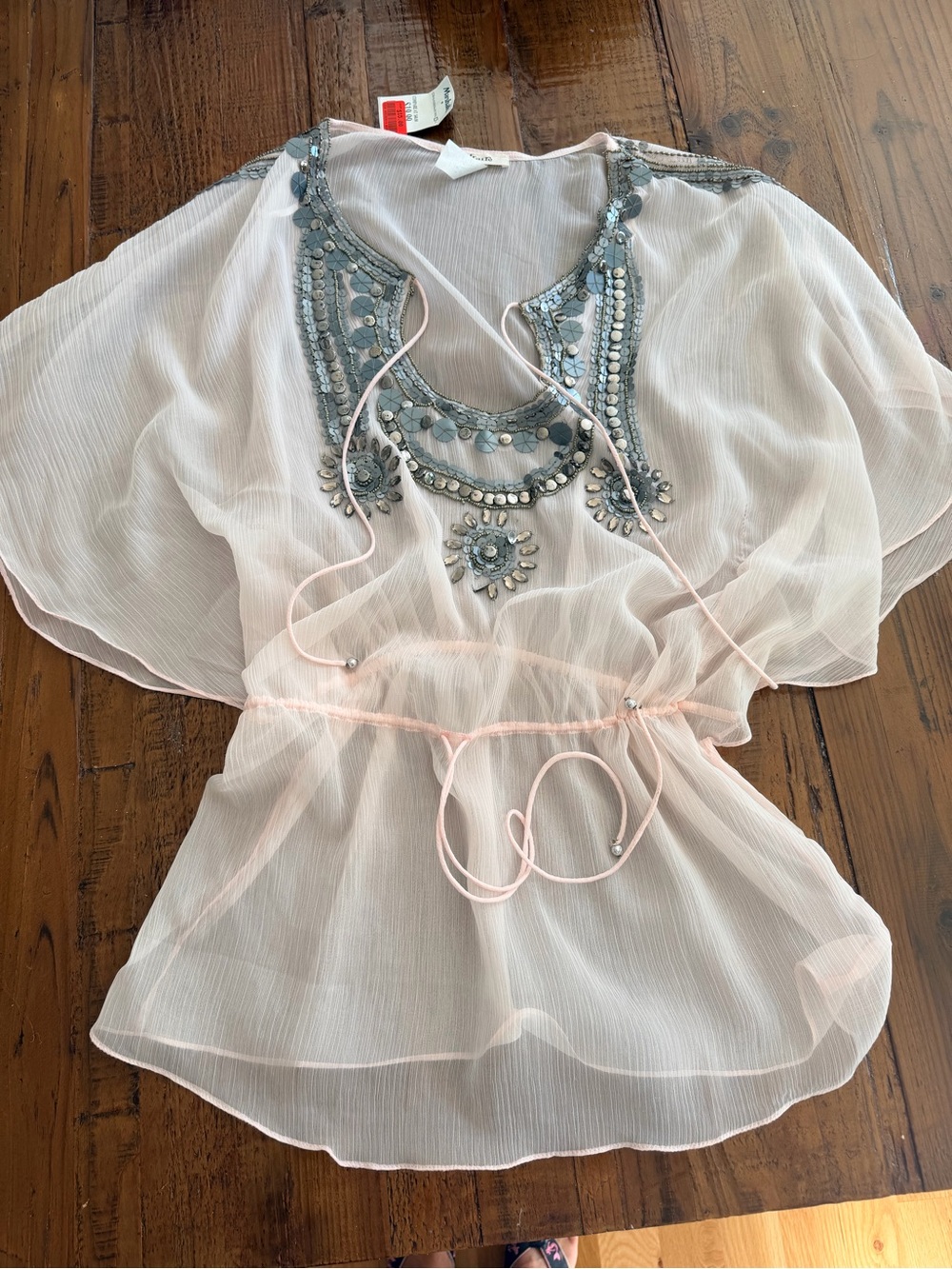 Laf faire Pale Pink Sheer Tunic with Silver-Gray Beaded Neckline